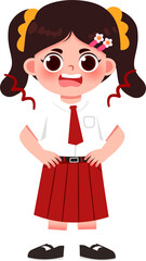 Smiling Schoolgirl, Uniform, Red Skirt, Brown Hair, Pigtails, Flower Clip, Cartoon Character.