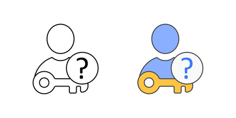 Access permission request icon with user, key, and question mark, in outline and color styles, ideal for visualizing access requests, role assignment, and IT approval workflows during employee onboard