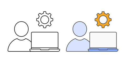 New hire tech onboarding icon with user avatar, laptop, and gear or checklist, in outline and color styles, ideal for illustrating IT setup, employee provisioning, and cloud onboarding workflows.