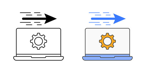 Laptop provisioning icon with gear and delivery arrow, in outline and color styles, ideal for visualizing IT equipment deployment, employee laptop setup, and new hire tech logistics.