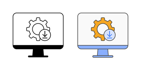 Software installation for new user icon with monitor, install arrow, and gear, in outline and color styles, perfect for illustrating IT onboarding, app deployment, and workstation setup for employees