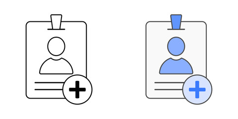User profile creation icon with avatar, ID card, and plus sign, in outline and color styles, ideal for illustrating account setup, employee identity creation, and user onboarding in IT systems.