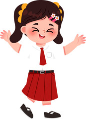 Cheerful Schoolgirl with Pigtails, Red Skirt, and Open Arms.