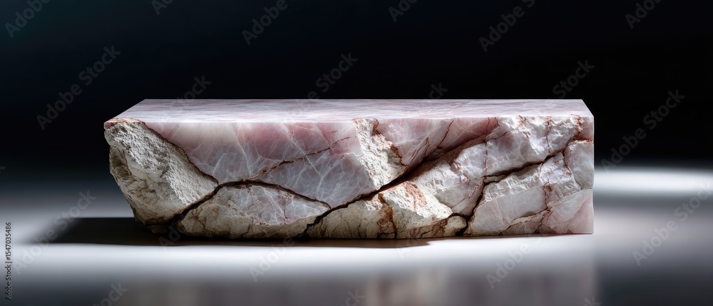 Poster a polished, rectangular block of rose quartz displaying natural cracks and textures against a dark b