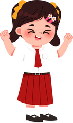 Joyful Schoolgirl Illustration, Red Skirt, Happy Expression, Celebratory Gesture.