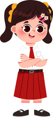 Smiling Schoolgirl with Pigtails, Red Tie and Pleated Skirt, Arms Crossed. Indonesian Elementary School Student.