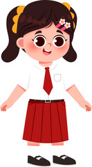 Cartoon Schoolgirl in Uniform, Red Skirt, Pigtails, Happy Expression, Isolated. Indonesian Elementary School Student.