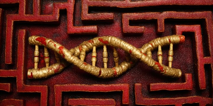 Bioethics in Gene Concept. Artistic Representation of DNA Helix on a Striking Red and Black Maze Background