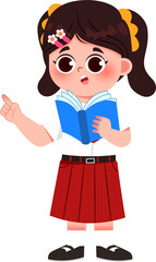 Animated Student Reading a Book, Pointing Upward. Indonesian Elementary School Student.