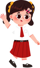 Animated Schoolgirl Waving, Red Pleated Skirt, White Blouse, Tie, Yellow Hair Ribbons, Cartoon Style. Indonesian Elementary School Student.