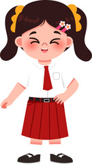 Smiling girl in uniform, pigtails with yellow bows, red pleated skirt, illustration. Indonesian Elementary School Student.