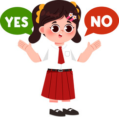 Schoolgirl Dilemma: Yes or No Decision, Animated Choice. Indonesian Elementary School Student.