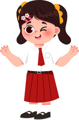 Cheerful Girl in School Uniform, Winking and Smiling, Cartoon Illustration. Indonesian Elementary School Student.