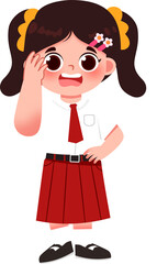 Smiling schoolgirl in uniform, adjusting hair, red skirt and tie, vector illustration. Indonesian Elementary School Student.