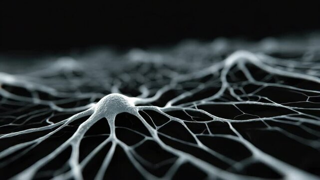 Neural network neuron connection science biology abstract black white closeup technology web structure forms basis of this digital background, showing interconnected lines and nodes resembling neural