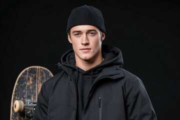 Stylish Young Man in Black Streetwear with Skateboard