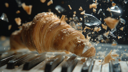 A flaky croissant slams onto piano keys, sending shards of glass and golden crumbs flying - Generative AI