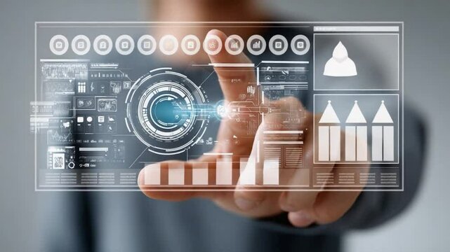 Interface Interaction: A hand interacting with a futuristic, transparent interface, highlighting concepts of technology, communication, and the digital world.
