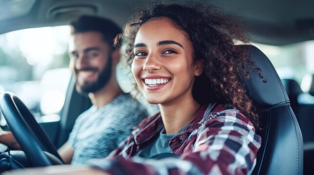 A young woman smiling while driving a car, with a man in the background.