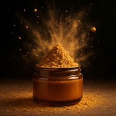 Golden brown spice explosion in glass jar on dark background showcasing culinary flavor texture food concept in high detail and warm lighting for stock photography, unique design Pro.