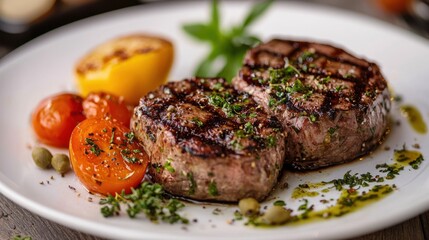 A plate of grilled steak with vegetables and herbs, garnished with fresh herbs and a side of roasted tomatoes and potatoes.