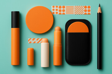 Creative flat lay of orange and black stationery and cosmetic products on turquoise background for modern branding marketing and editorial design, minimalist layout, sharp color contrast