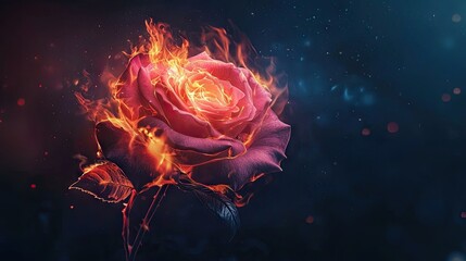 Burning rose flower in vibrant, fiery digital art.