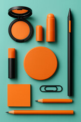 Creative flat lay of orange and black stationery and cosmetic products on turquoise background for modern branding marketing and editorial design, minimalist layout, sharp color contrast
