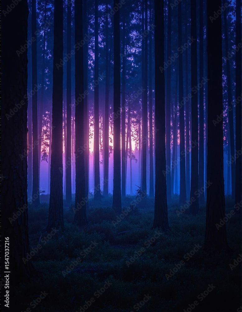 Poster a serene forest scene featuring towering, lush green trees with sunlight filtering through the leave