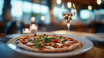 Delicious gourmet pizza with fresh ingredients on restaurant table