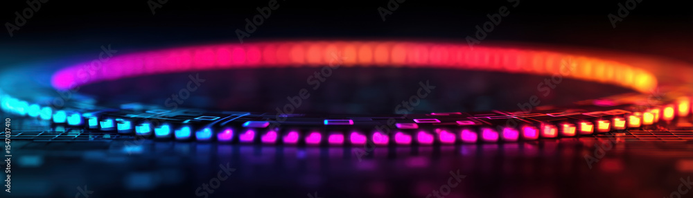 Poster quantum programming concept with vibrant neon circle, futuristic digital circuit, glowing technology