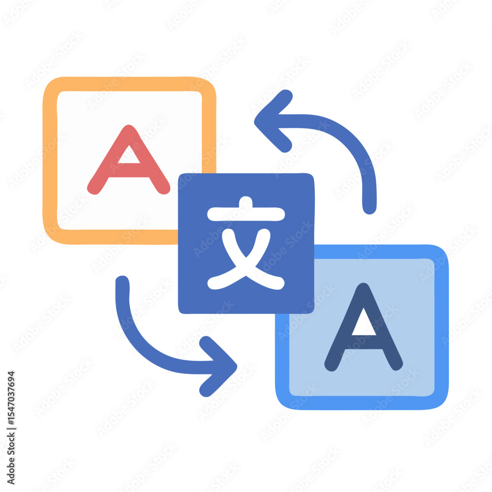 Poster language translation process represented by colorful blocks and arrows