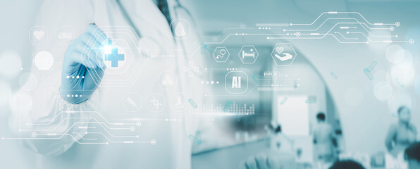 Modern doctor AI medical systems offer online treatment, telemedicine using advanced data tracking,...