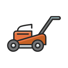 Stylized orange lawn mower graphic on black background design