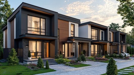 A modern, minimalist house with a black and white facade, featuring large windows and a sleek design.