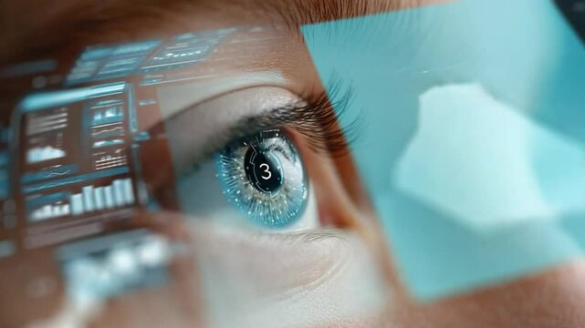 Cyber Eye: A close-up view of an eye with a futuristic heads-up display overlay, suggesting advanced technology and data visualization in a digital world. The eye, representing insight. - Powered by Adobe
