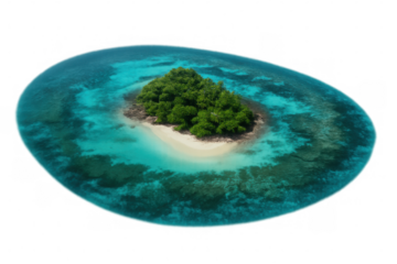 Lush tropical island with white sand beach surrounded by crystal-clear turquoise water, isolated on transparent background, perfect for travel and tourism projects
