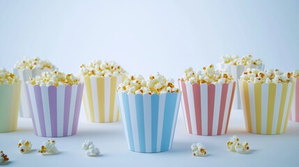 Colorful Popcorn Buckets with Freshly Popped Corn on White Background