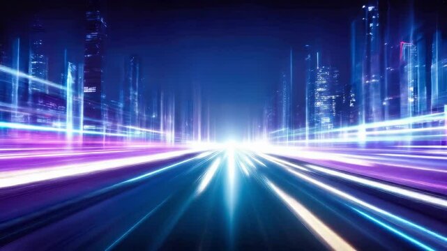 Speed light trails through futuristic city skyline at night. Dynamic motion blur with neon purple and blue streaks between modern skyscrapers. Urban technology concept with electric energy flow. - Powered by Adobe