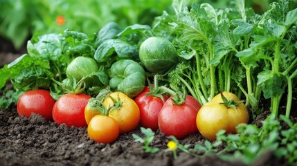 A vibrant garden scene with a variety of colorful vegetables and herbs, including tomatoes, cucumbers, and spinach, growing in a lush, green garden bed.