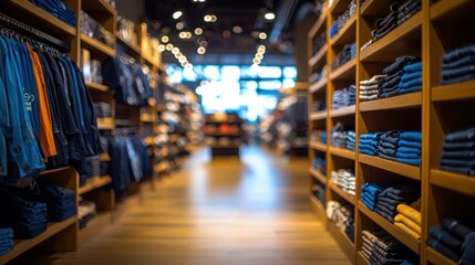 A spacious clothing store with shelves filled with various clothing items, including jeans and shirts, arranged in a well-lit, open-concept layout.