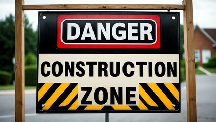 Phrase Danger Construction Zone is displayed on an attractive signage board with clear text and beautiful background designs