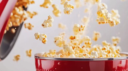 Freshly Popped Popcorn Flying from Red Popcorn Maker in Kitchen