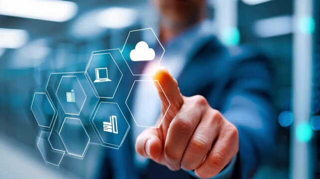 Businessman finger touching cloud computing hexagonal interface with digital icons. Modern technology, data storage, virtual network connectivity concept for enterprise business solutions.