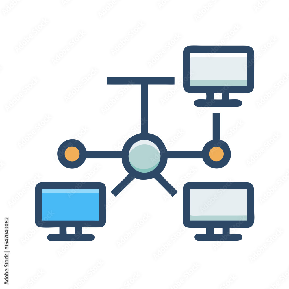 Poster network of computers connecting to central hub flat graphic