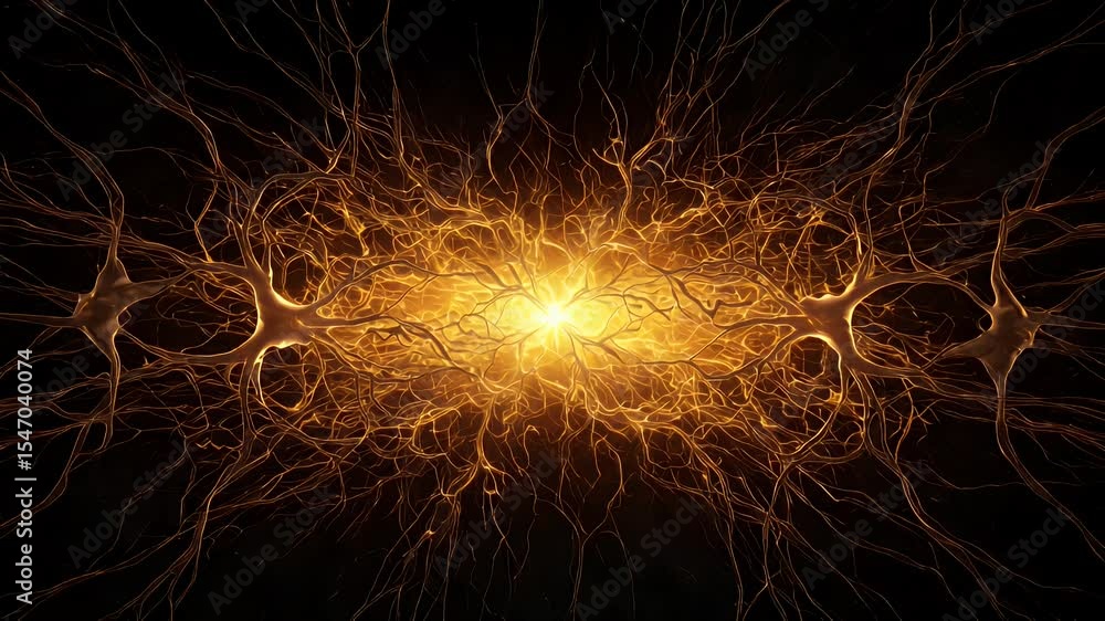 Poster abstract representation of a neural network, glowing gold lines against a dark background