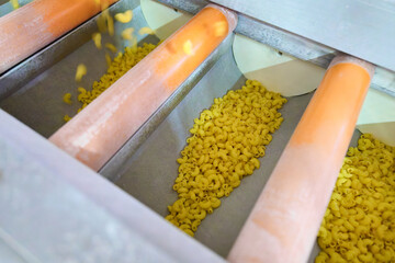 Fresh pasta moves gracefully along the conveyor belt in a lively kitchen environment, showcasing...