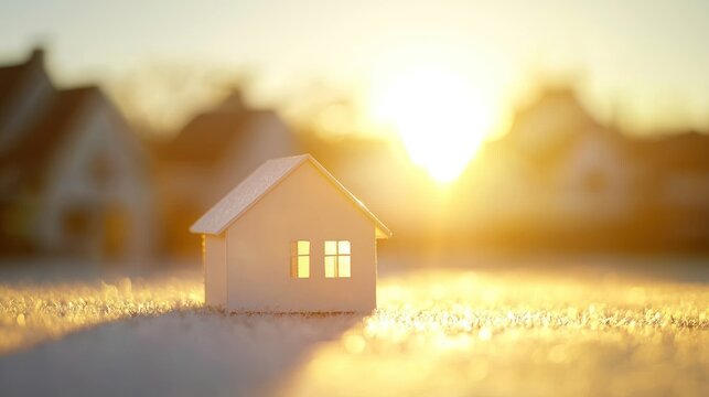 A small white house with a light shining through its windows, set against a golden sunset sky with warm hues of orange and yellow, casting a soft glow over the scene.