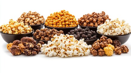 Colorful Variety of Popcorn Snacks in Black Bowls on a White Background