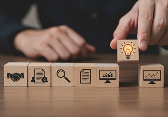 a solution-focused, problem-solving methodology used for innovation and strategic development. Design Thinking Process concept. Wooden blocks with icons; the key stages of the design thinking process
